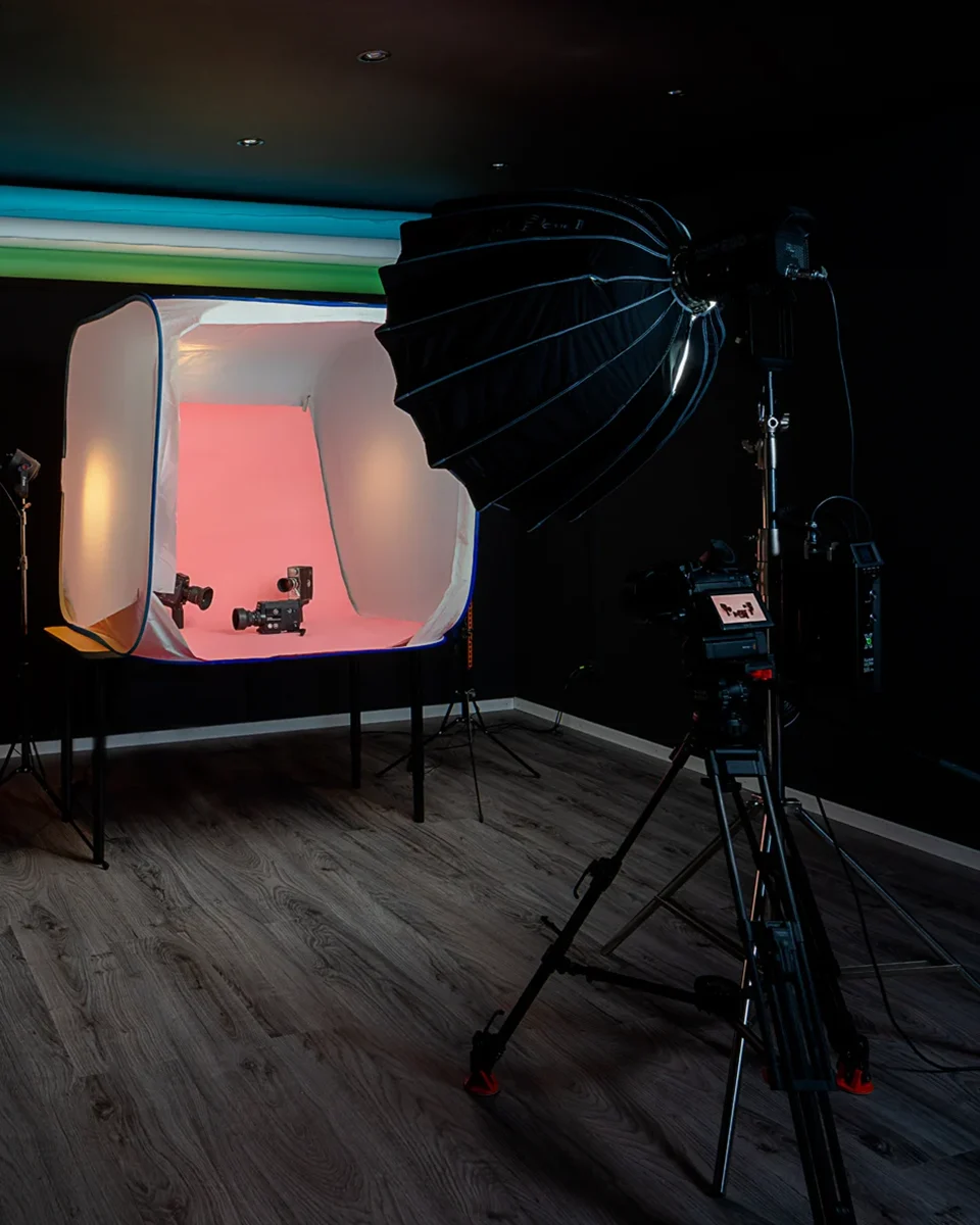 Cornland Studio - Gros plan d'une caméra lors d'un shooting produit dans un studio vidéo