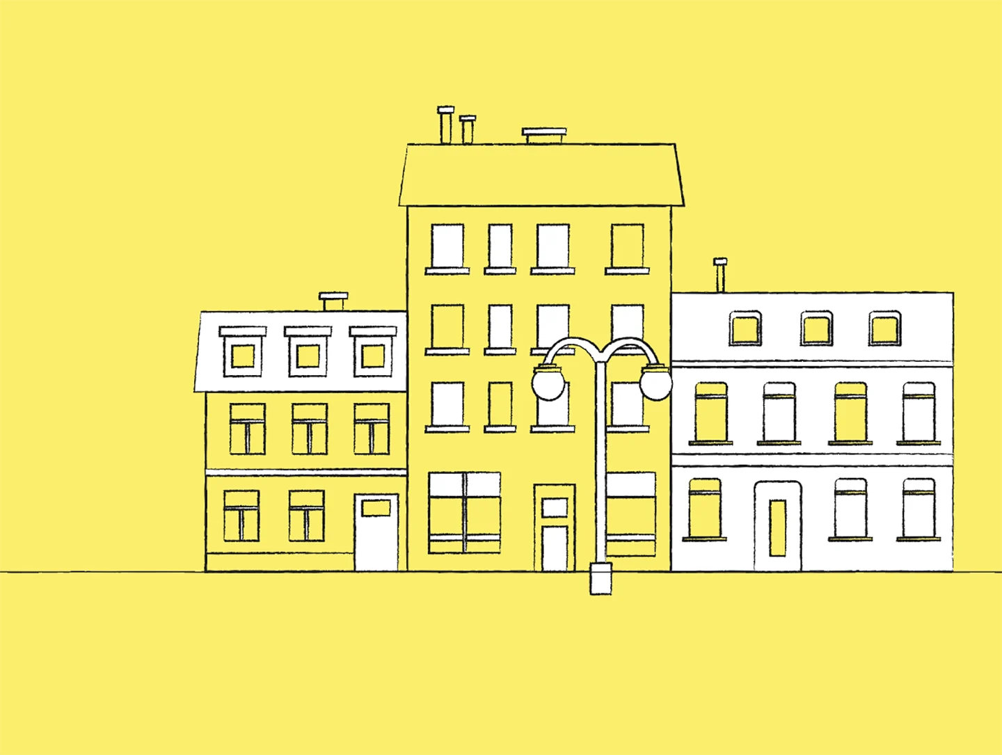 Cornland Studio - Dessin d'un immeuble en 2D sur fond jaune